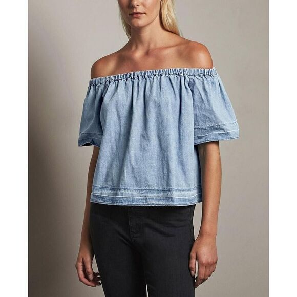 Adriano Goldschmied AG Medium Sylvia Off the Shoulder Chambray Top Sunwashed - Picture 1 of 8